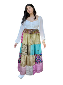  Women's Beige & Pink Patchwork Maxi Skirt – Boho Chic Long Flared Skirt  S/M/L