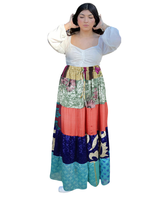 Women's Red & Blue Patchwork Maxi Skirt – Vibrant Boho Flared Long Skirt S/M/L