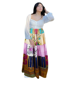  Women's Pink Floral Patchwork Maxi Skirt – Boho Summer Flared Skirt S/M/L