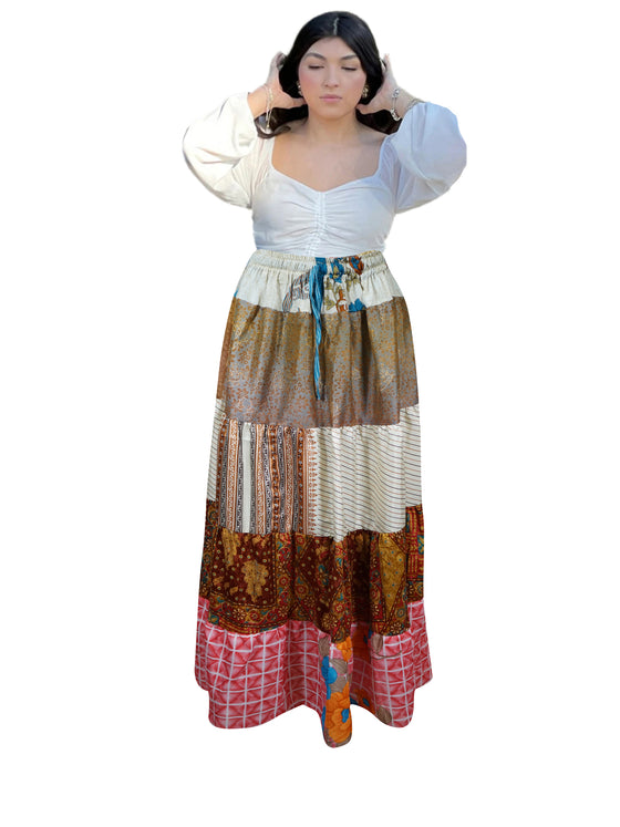 Women's Brown & Pink Patchwork Maxi Skirt – Boho Flared Long Skirt S/M/L