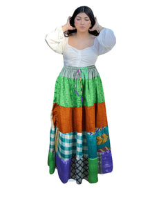  Women's Kelly Green Patchwork Maxi Skirt – Boho Flared Beach Skirt S/M/L