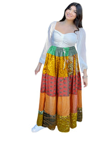  Women's Orange & Red Floral Patchwork Maxi Skirt – Boho Flared Summer Skirt S/M/L