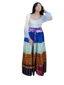  Women's Azure Blue Patchwork Flared Maxi Skirt – Boho Chic Style  S/M/L