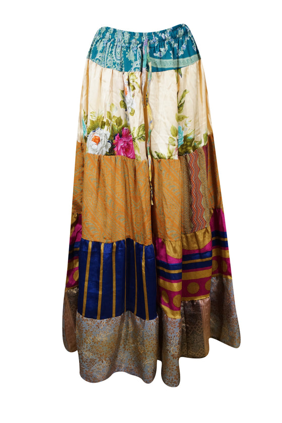 Women Summer Long Maxi Skirt Golden Floral Patchwork Boho Style in S/M/L