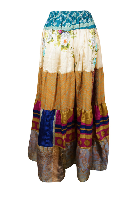 Women Summer Long Maxi Skirt Golden Floral Patchwork Boho Style in S/M/L