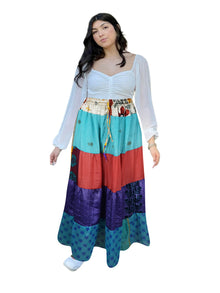  Women's Sky Blue & Red Patchwork Maxi Skirt – Vibrant Boho Style S/M/L