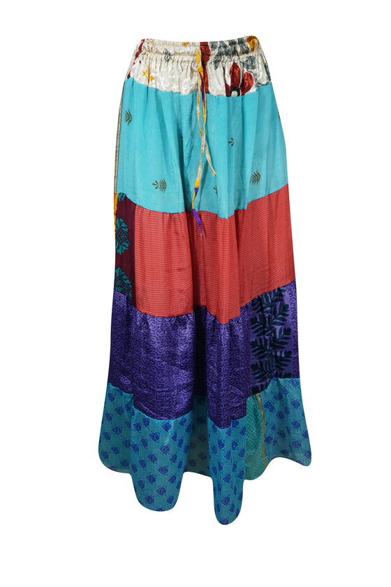Womens Long Maxi Skirt Sky Blue, Red Patchwork Boho Skirts S/M/L