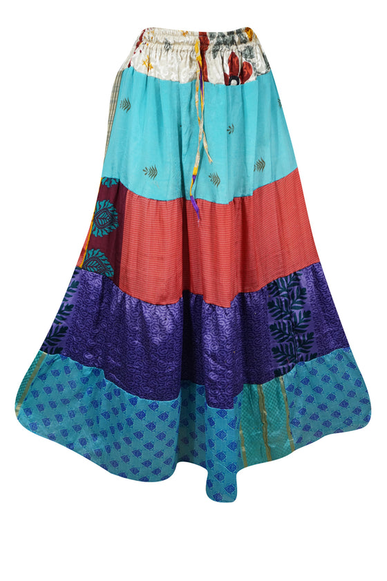 Womens Long Maxi Skirt Sky Blue, Red Patchwork Boho Skirts S/M/L