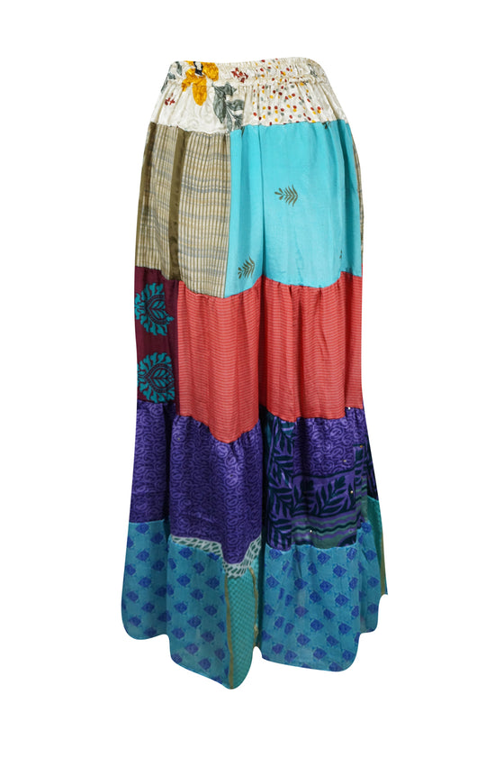 Womens Long Maxi Skirt Sky Blue, Red Patchwork Boho Skirts S/M/L