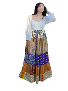  Women's Purple & Beige Patchwork Maxi Skirt – Boho Chic Flared Long Skirt S/M/L