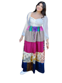 Women's Hot Pink Floral Patchwork Maxi Skirt – Boho Summer Long Skirt S/M/L