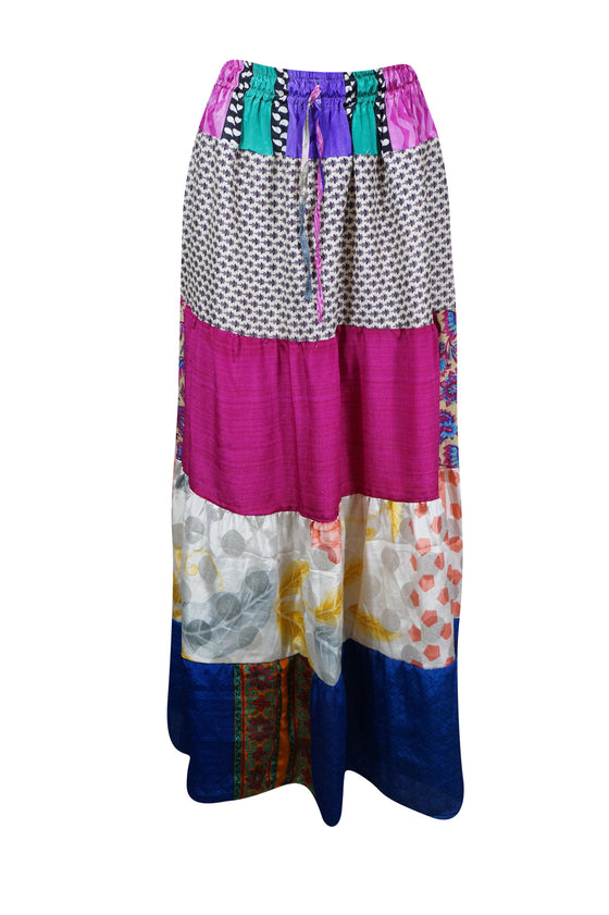 Womens Summer Maxi Skirt Hot Pink, Floral Patchwork Boho Skirts S/M/L