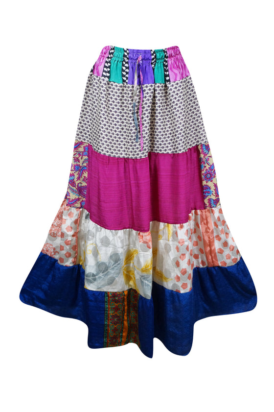 Womens Summer Maxi Skirt Hot Pink, Floral Patchwork Boho Skirts S/M/L