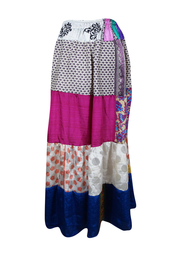 Womens Summer Maxi Skirt Hot Pink, Floral Patchwork Boho Skirts S/M/L