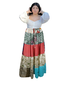  Women's Red Patchwork Maxi Skirt – Stylish Boho Flared Long Skirt  S/M/L