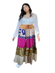  Women's Pink & Beige Floral Patchwork Maxi Skirt – Boho Summer Long Skirt S/M/L
