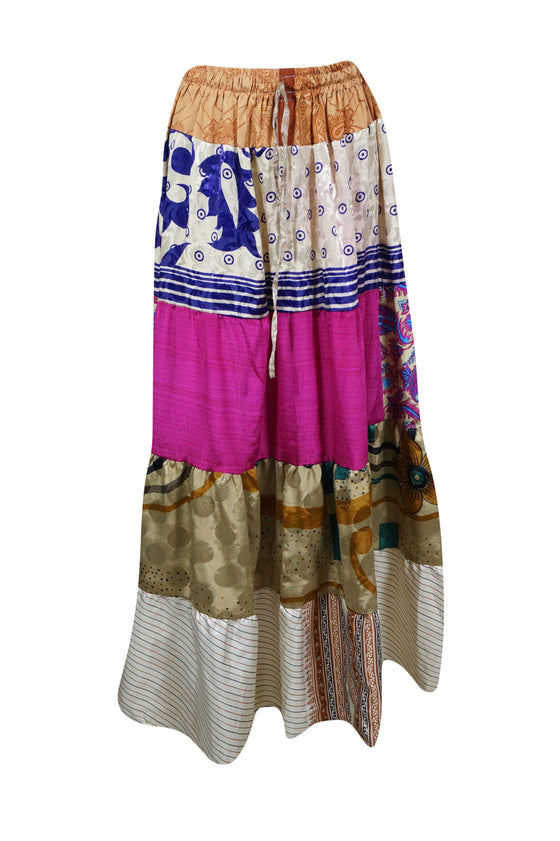 Womens Summer Maxi Skirt  Pink, Beige Floral Patchwork Boho Skirts S/M/L
