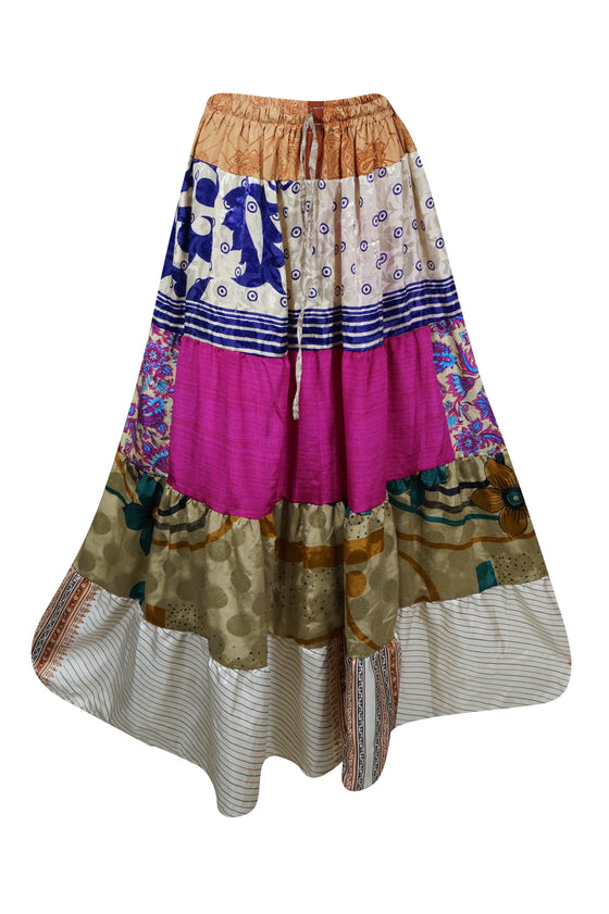 Womens Summer Maxi Skirt  Pink, Beige Floral Patchwork Boho Skirts S/M/L