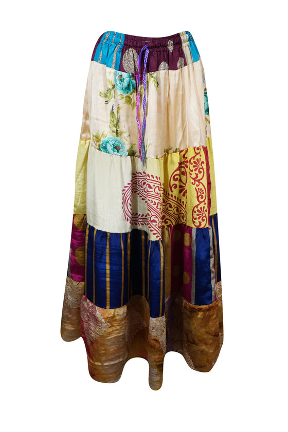 Womens White Floral Beautiful Maxi Skirt Patchwork Boho Skirts S/M/L