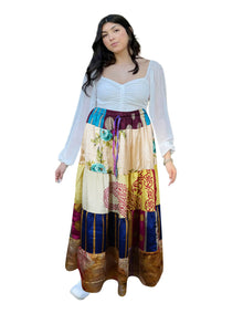  Women's White Floral Patchwork Maxi Skirt – Elegant Bohemian Style S/M/L