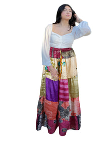  Women's Pink Multi Floral Patchwork Maxi Skirt – Boho Chic & Sustainable S/M/L