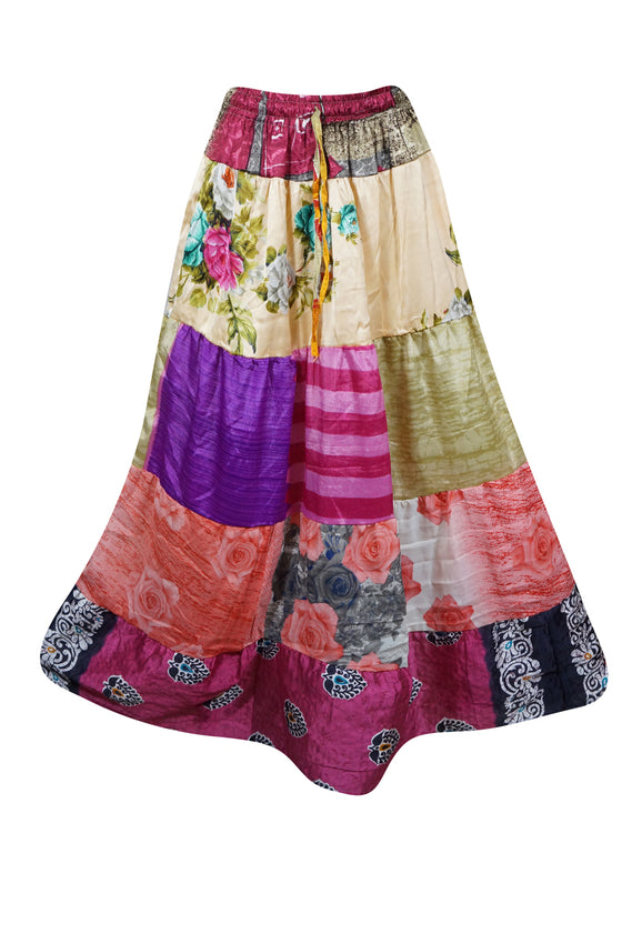 Womens Pink Multi Floral Beautiful Maxi Skirt Patchwork Boho Skirts S/M/L