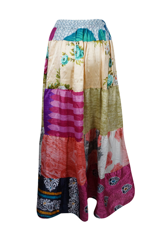 Womens Pink Multi Floral Beautiful Long Skirt Patchwork Boho Skirts S/M/L