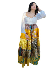  Women's Honey Yellow Floral Patchwork Summer Maxi Skirt – Boho Chic Style  S/M/L