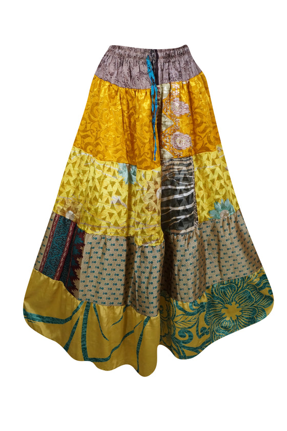 Summer Maxi Skirt in Honey Yellow Floral Patchwork Boho Style in S/M/L