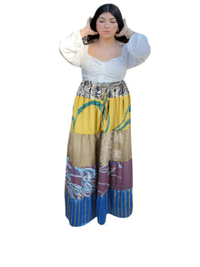  Women's Yellow & Beige Patchwork Maxi Skirt – Boho Summer Style  S/M/L