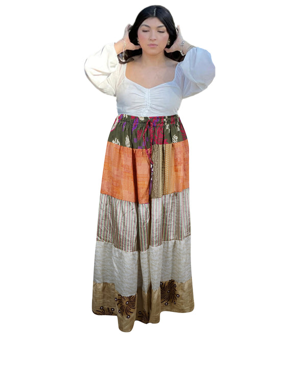 Women's Beige Patchwork Maxi Skirt – Boho Chic Long Flared Skirt S/M/L