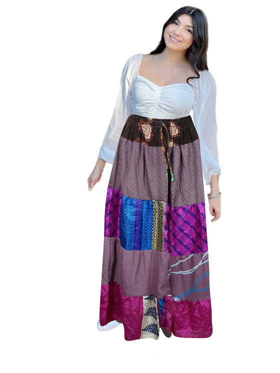 Women's Purple Multi Patchwork Maxi Skirt – Boho Chic Long Skirt S/M/L