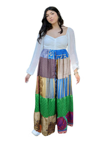  Women's Blue & Green Patchwork Maxi Skirt – Boho Beach Cover-Up Skirt S/M/L