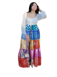 Women's Blue Patchwork Maxi Skirt Handmade Boho Beach Cover-Up  Flowy Summer Fashion S/M/L