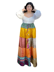  Women's Yellow Multi Patchwork Long Maxi Skirt – Boho Hippie Flared Skirt for Summer S/M/L