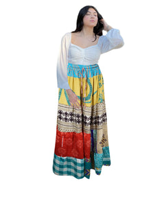  Women's Sky Blue & Red Patchwork Long Maxi Skirt – Handmade Hippie Flared Skirt S/M/L
