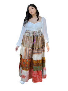  Women's Beige Patchwork Maxi Skirt – Handmade Boho Flared Long Skirt S/M/L