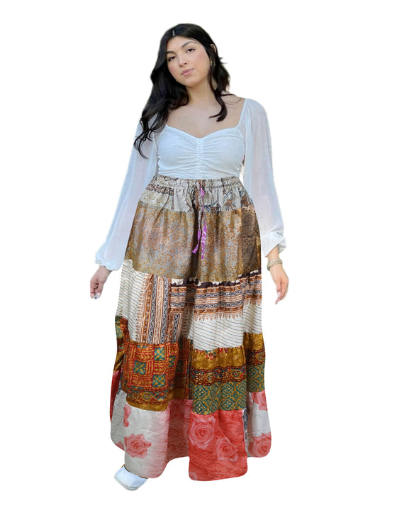 Women's Beige Patchwork Maxi Skirt – Handmade Boho Flared Long Skirt S/M/L