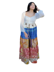  Women's Blue & Red Patchwork Maxi Skirt – Handmade Boho Flared Long Skirt S/M/L