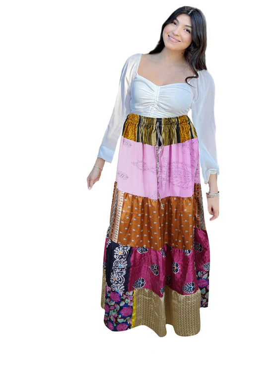 Women's Pink Floral Patchwork Maxi Skirt – Handmade Boho Long Flared Skirt S/M/L