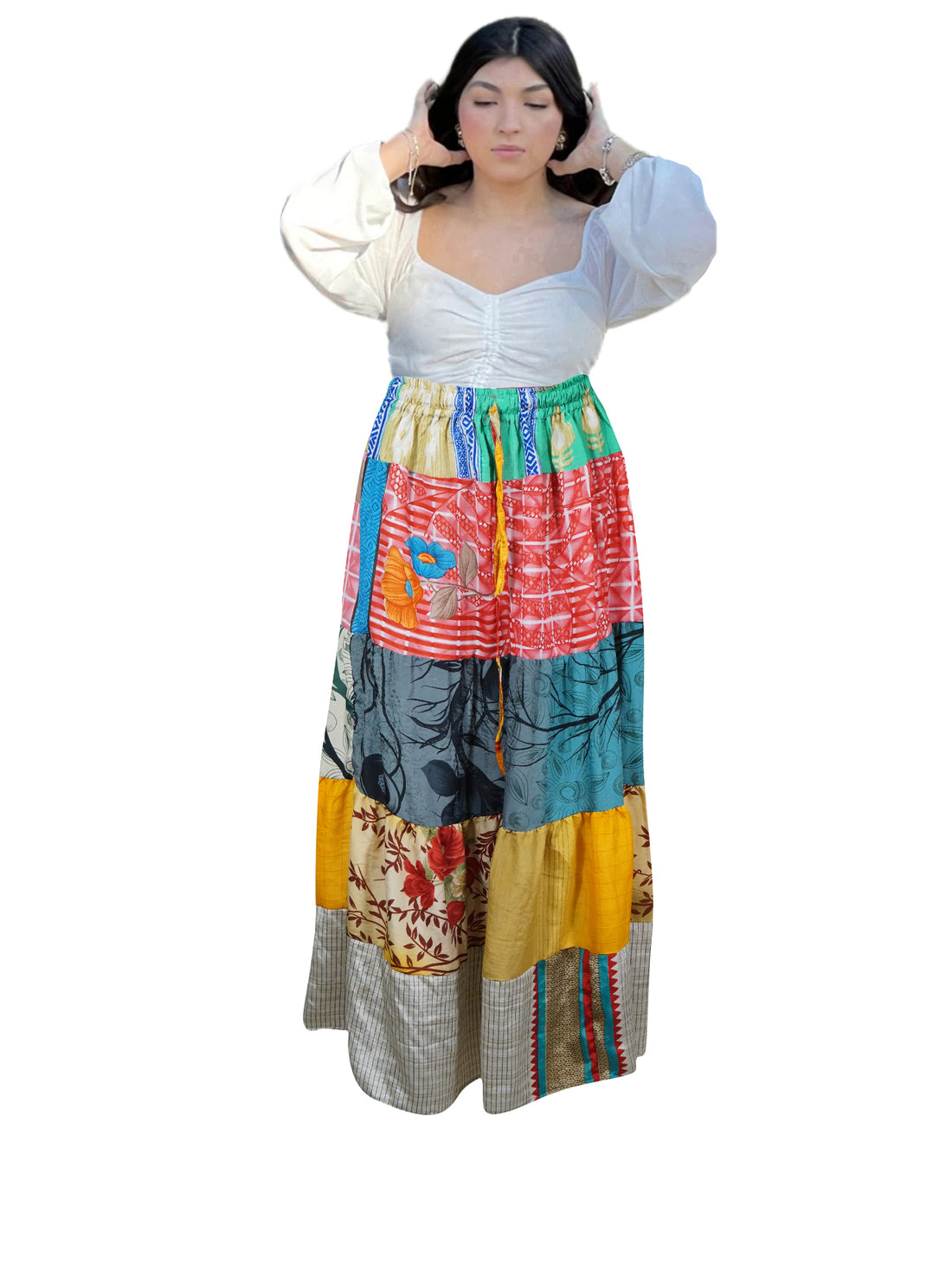  Women's Red Multi Patchwork Flared Maxi Skirt – Handmade Boho Long Skirt S/M/L