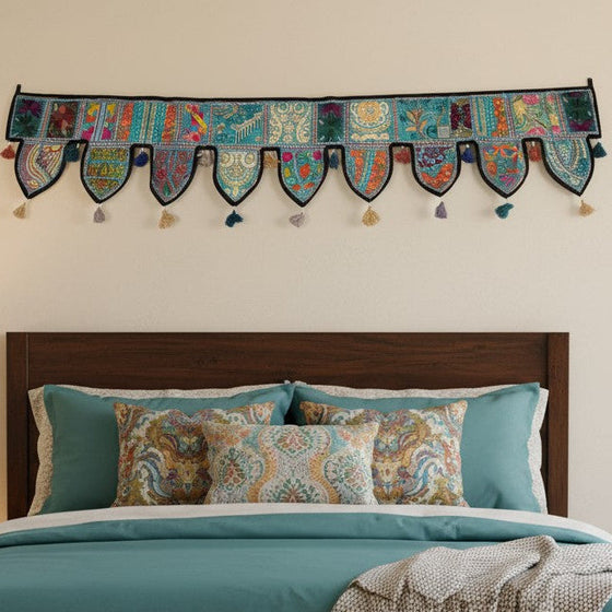 Blue Embroidered Window Topper Toran – Bohemian Home Decor, Indian Wall Hanging