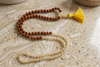 Citrine Meditation Mala with Rudraksha & Pearl Beads – Handmade Japamala Tassel Necklace
