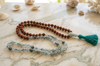 Handmade Rudraksha Seed Mala Necklace with Gray Crystal Quartz Beads