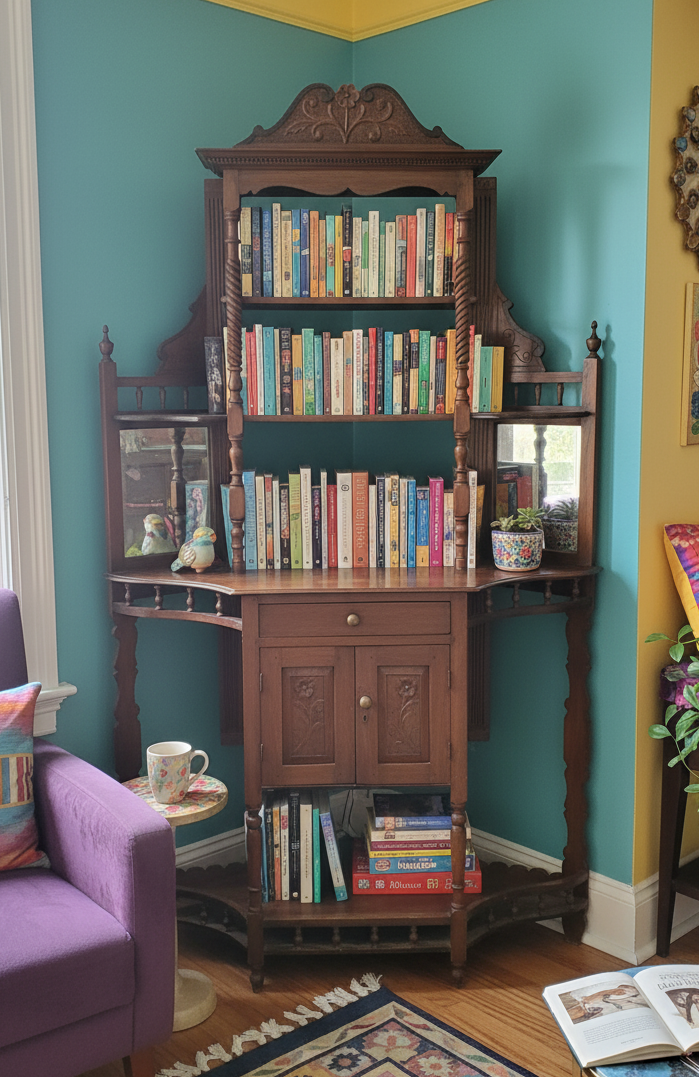 Antique Wall Curio Cabinet Bookcase Farmhouse Hand Carved Old Cabinet