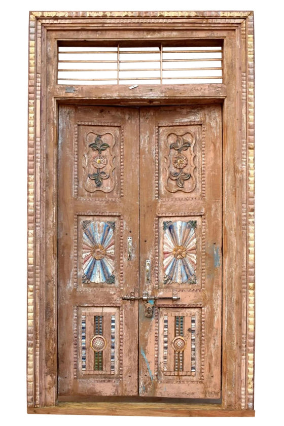 Antique Carved Doors Indo French Sandwash Teak Doors with Surround 98