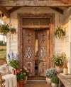 Antique Indian Double Door with Frame – Hand-Carved Floral & Sunburst Motif Rustic 98