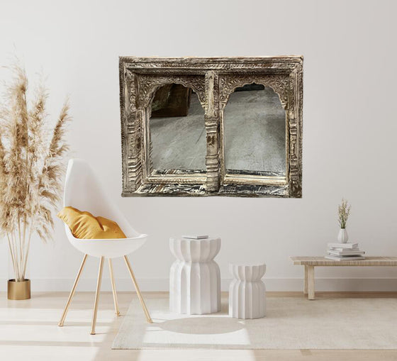 Vintage Double Arch Whitewash Mirror Hand Carved Jharokha