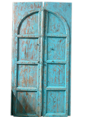 Antique Pair Indian Arched Door, Blue Doors, Painted Teak Wood Door