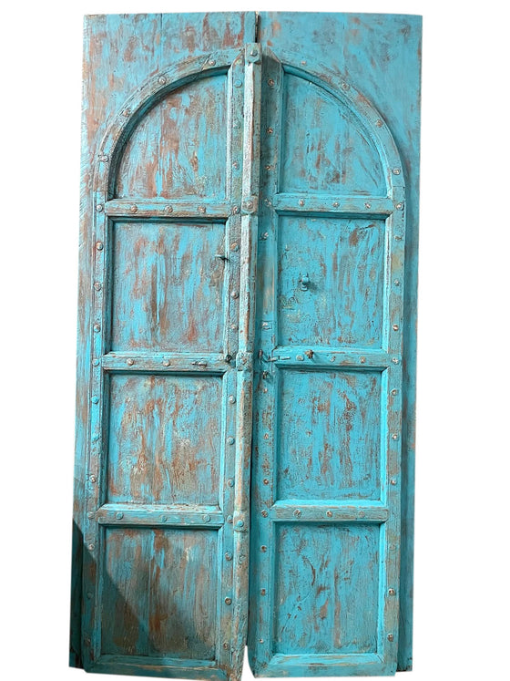 Antique Arched Door Hand Carved Teak Wood Blue Garden Doors 87x46